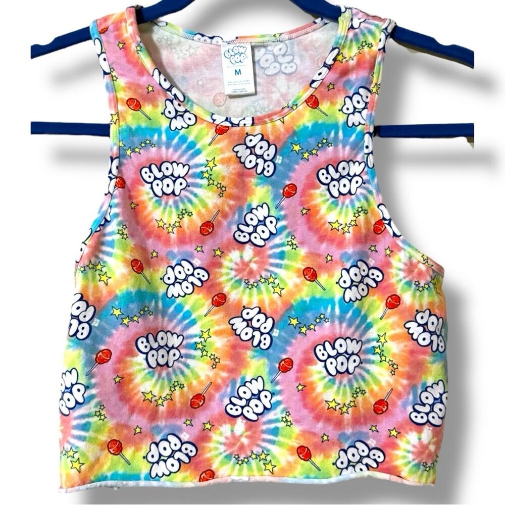 Blow Pop size medium junior cropped blow pop rainbow tie dye tank suckers